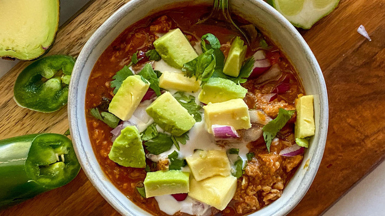 Chili with large avocado chunks