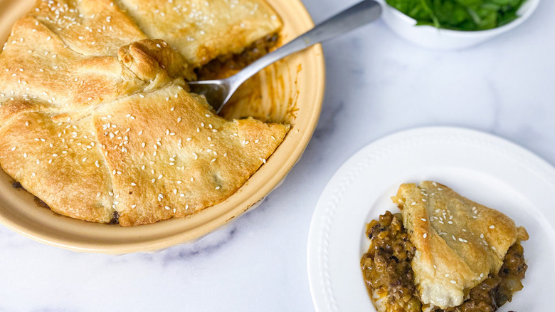 Hamburger casserole in dish and on plate