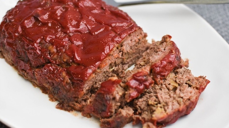 Ketchup-topped meatloaf on plate