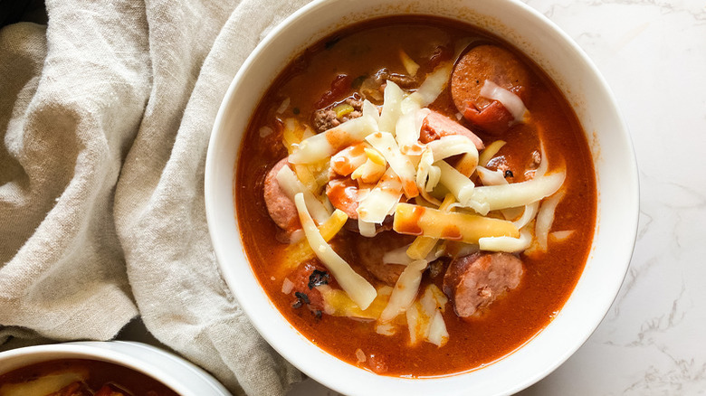 Cowboy stew in white bowl