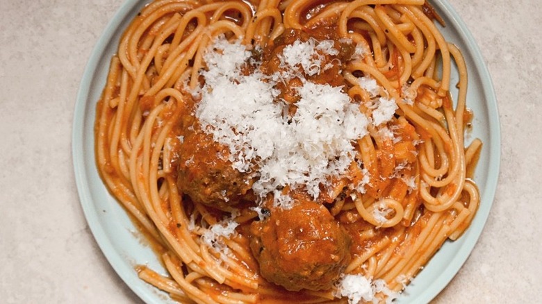 Spaghetti and meatballs on plate