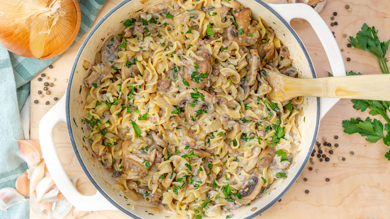 Pot of beef stroganoff