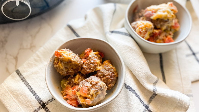 Tex-Mex meatballs in white bowls