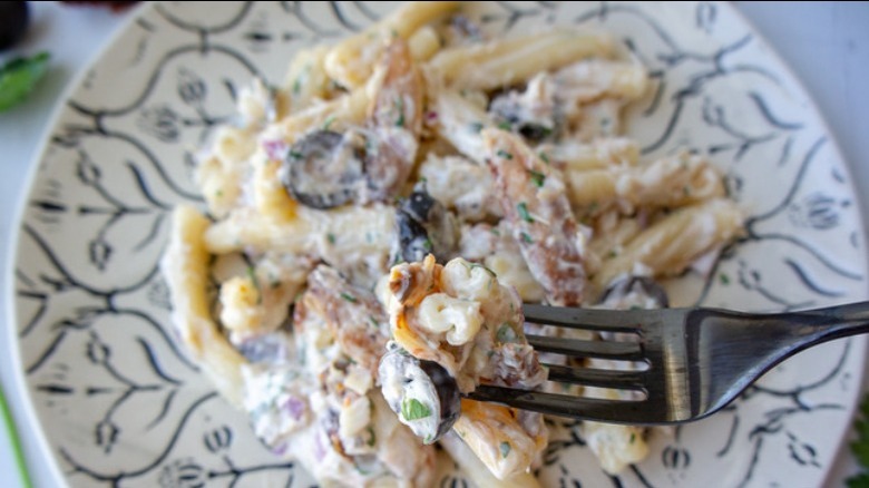 pasta salad on patterned plate