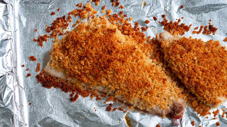 crumb-crusted fish on foil