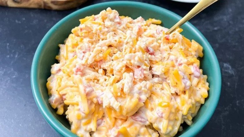 pimento cheese in blue bowl