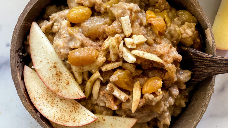Thick oatmeal, apples, and almonds.