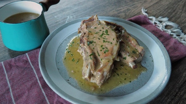 pork chops with pot of gravy