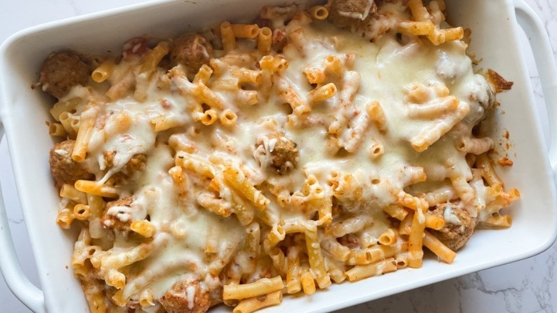 meatball pasta bake in pan