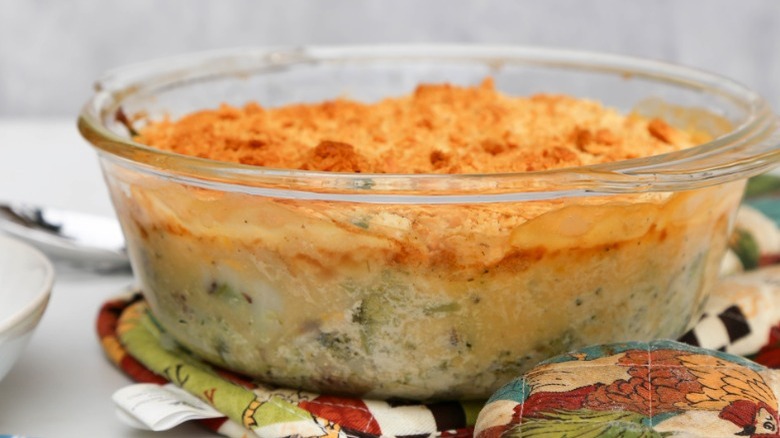 glass bowl of broccoli casserole