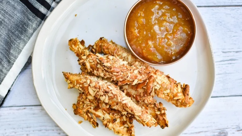 Pretzel Chicken Fries with dipping sauce