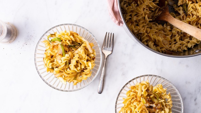 cabbage and noodles with fork