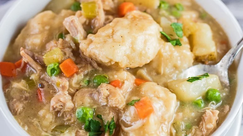 chicken and dumplings with spoon