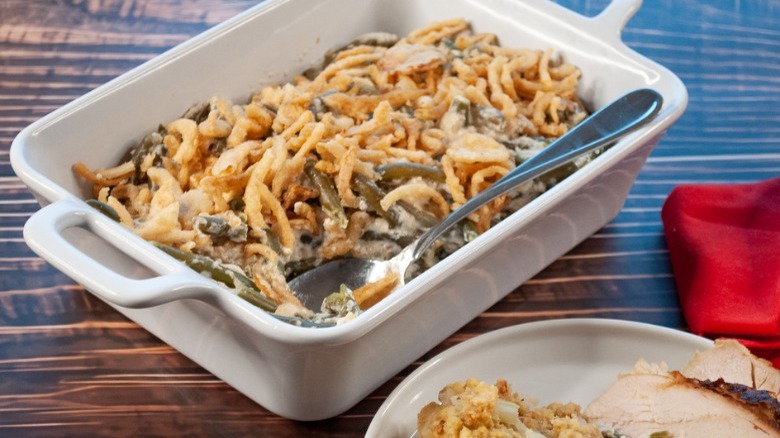 green bean casserole with spoon