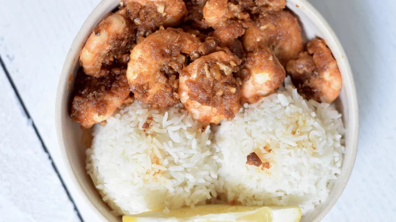 Hawaiian Spicy Garlic Shrimp with rice