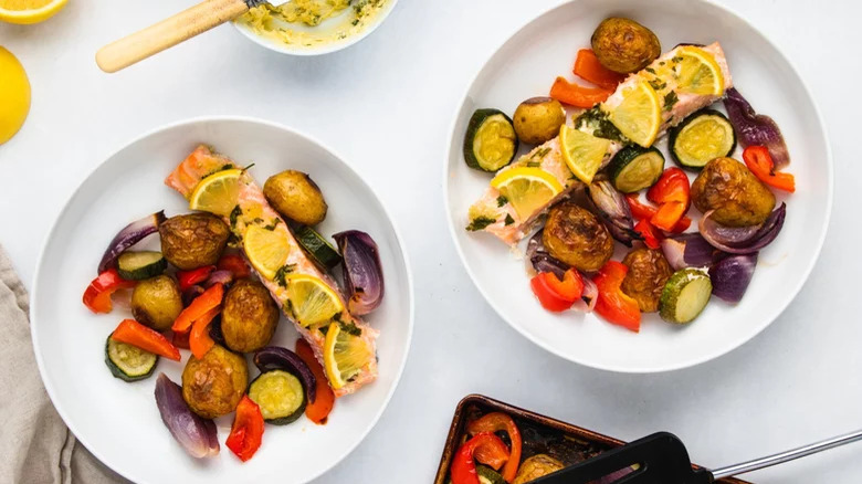 Sheet Pan Garlic Salmon with roast vegetables