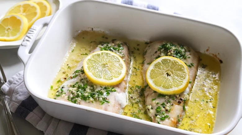 Baked Mahi Mahi and dish with lemon slices