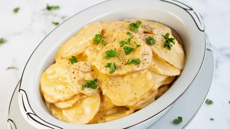 Au Gratin Potatoes in a serving dish