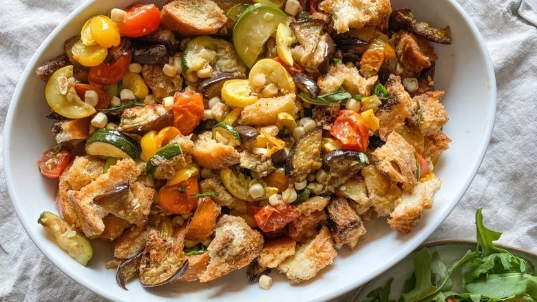 bowl of roasted vegetable panzanella