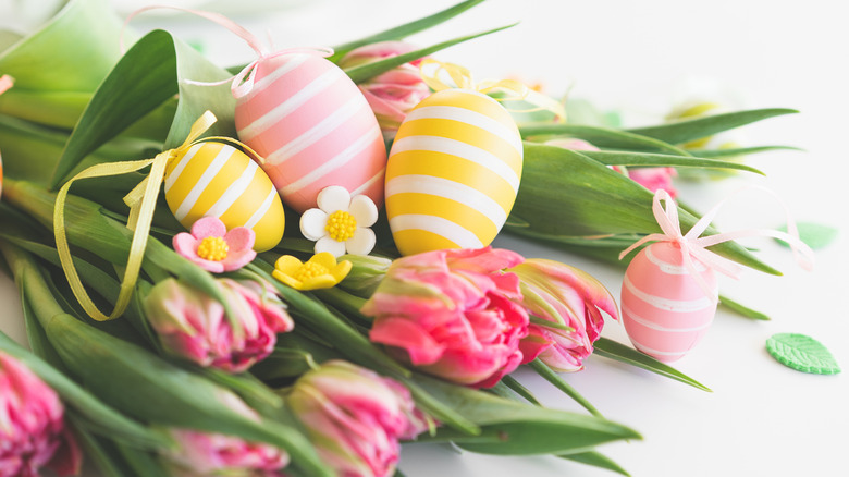 Spring flowers and Easter egg decorations