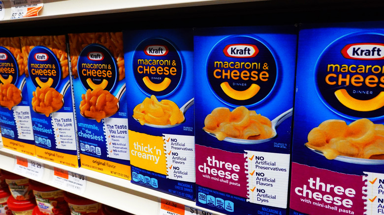 shelf of boxed mac and cheese