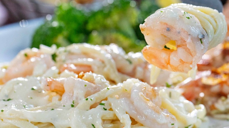 Close-up of shrimp linguini Alfredo