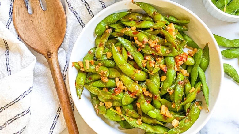 Garlic Edamame with wooden fork