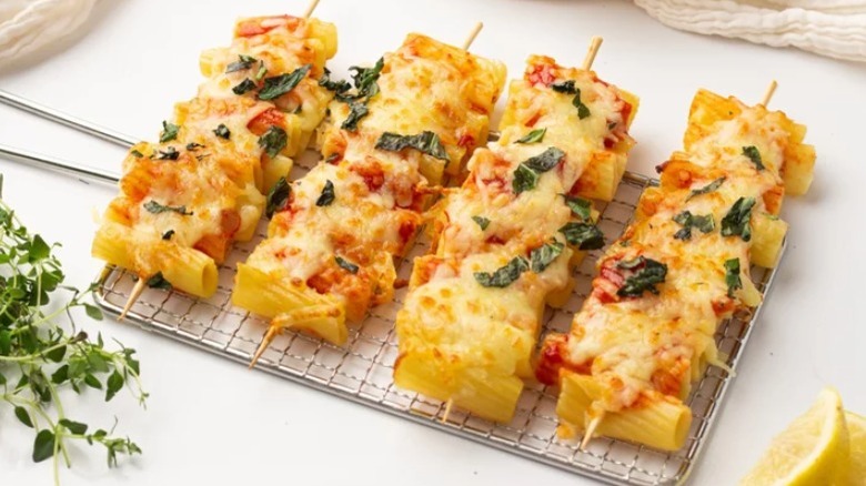 pasta skewers on baking rack