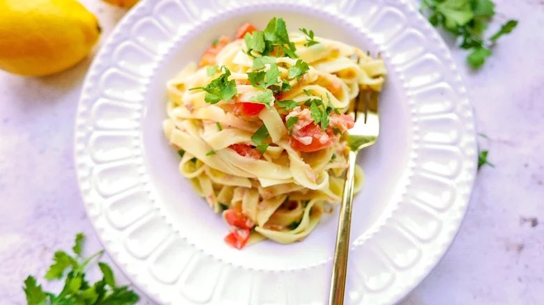 bowl of tuna chili pasta with fork