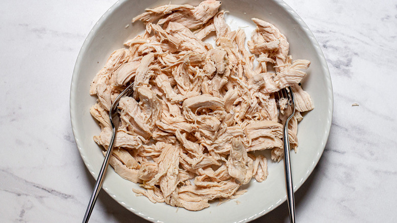 pulled chicken on white plate