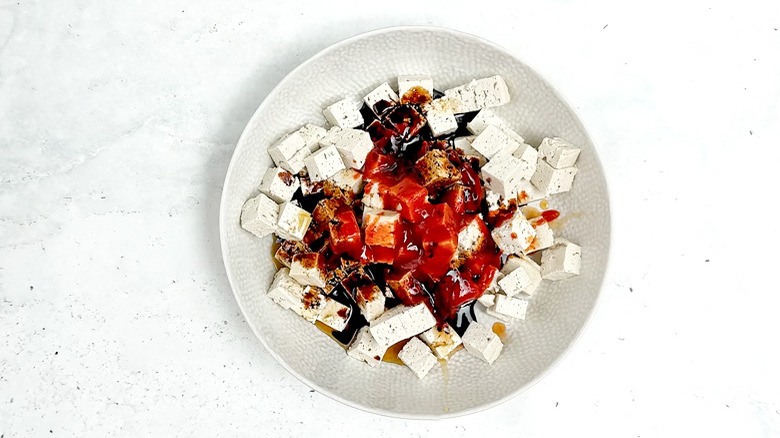 diced tofu with sriracha, maple syrup, soy sauce