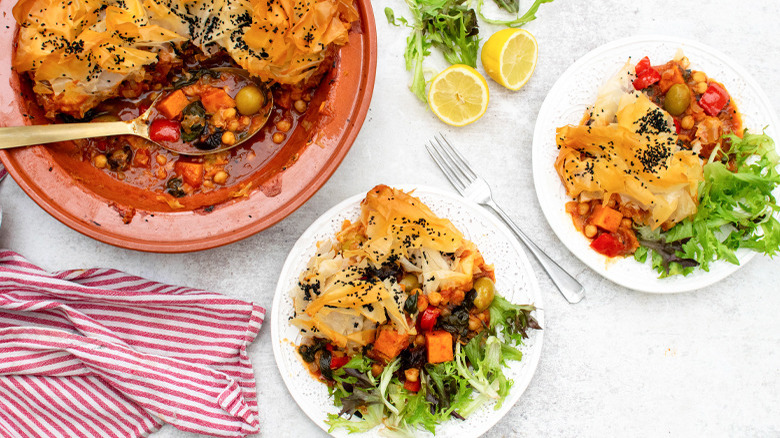 sweet potato tagine pot pie on plates