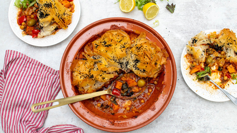 sweet potato tagine pot pie with plates