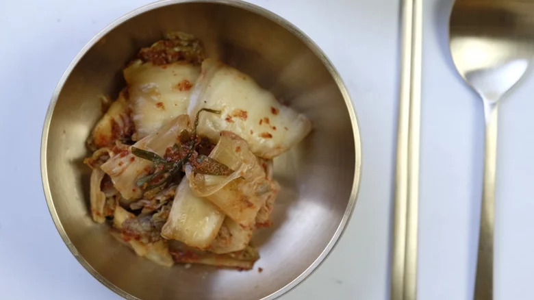 Kimchi in stainless steel dish