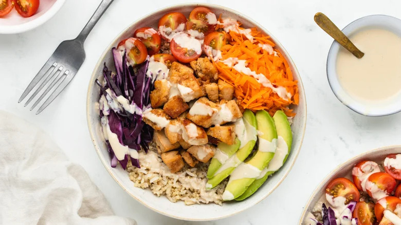 fried tofu grain bowl veggies