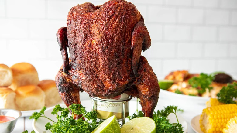 chicken sitting on beer can