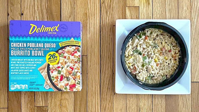 Delimex Cocina Chicken Poblano Queso Burrito Bowl box and cooked burrito bowl in black container on white plate