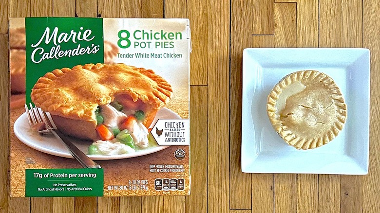 Marie Callender's Chicken Pot Pies box and baked pie on white plate