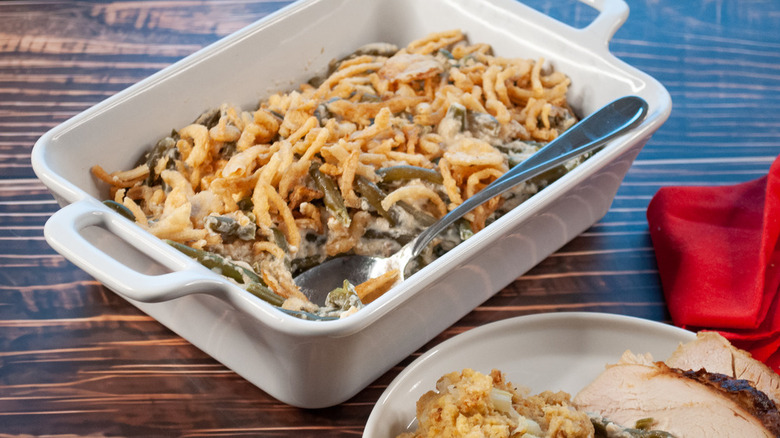 green bean casserole in pan