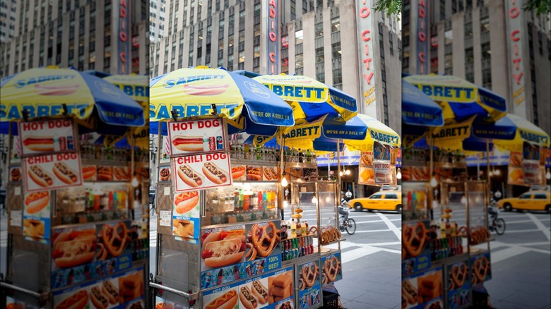 A Sabrett hot dog cart in front of Radio City Music Hall