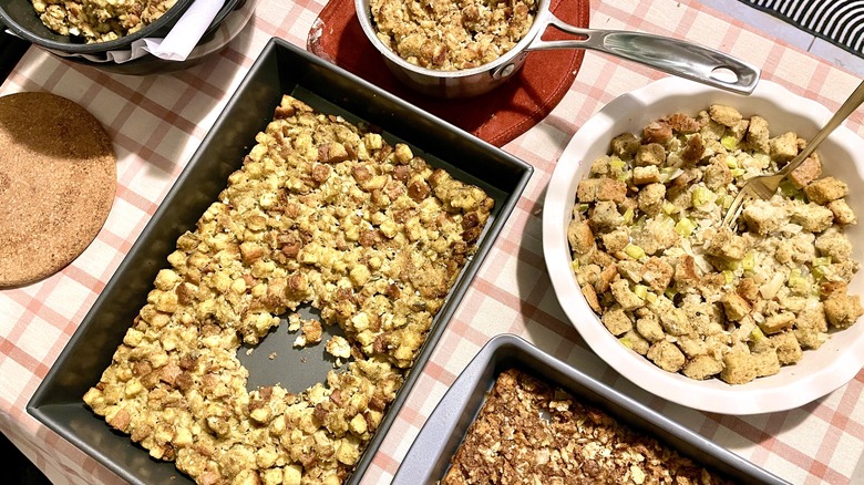 A table with baked stuffings lined-up side-by-side for tasting