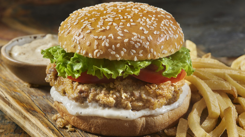 Chicken fried steak burger with gravy and fries