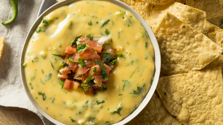 Spicy queso dip with tortilla chips