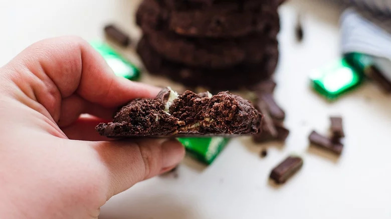 hand holds side view of mint chocolate chip cookie