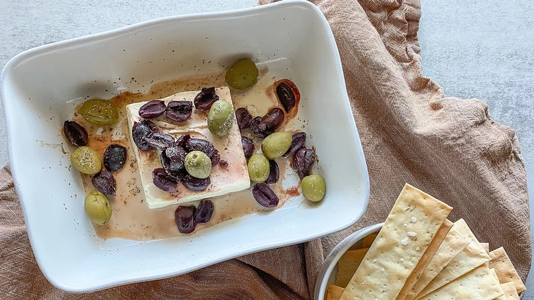 Feta and olives in a tray