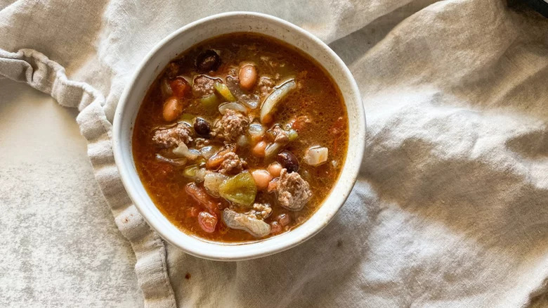 bison chili in white bowl