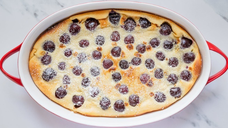 baking dish of clafoutis with cherries