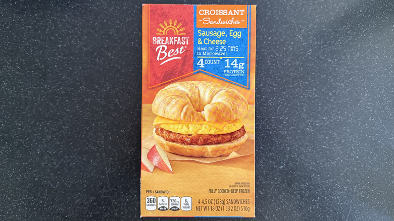 Package of frozen Aldi croissant breakfast sandwiches