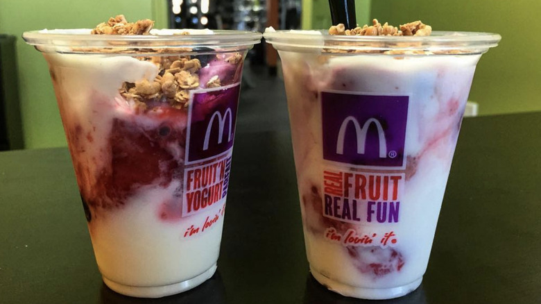 McDonald's parfaits with yogurt, granola, and chopped fruit swirled together