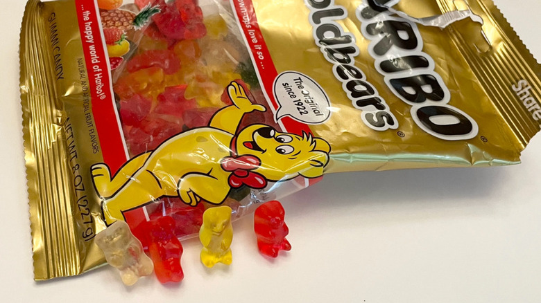 Haribo goldbears next to bag